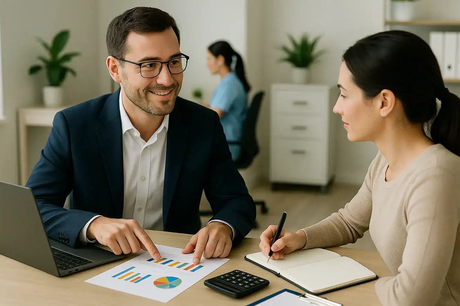 Professional business meeting discussing billing and financial reports for healthcare or accounting services.