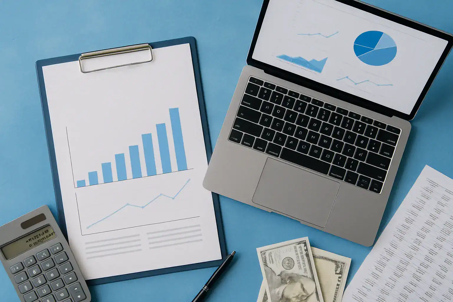Financial data analysis with charts on laptop and clipboard, accounting reports, dollar bills, and calculator on blue background.
