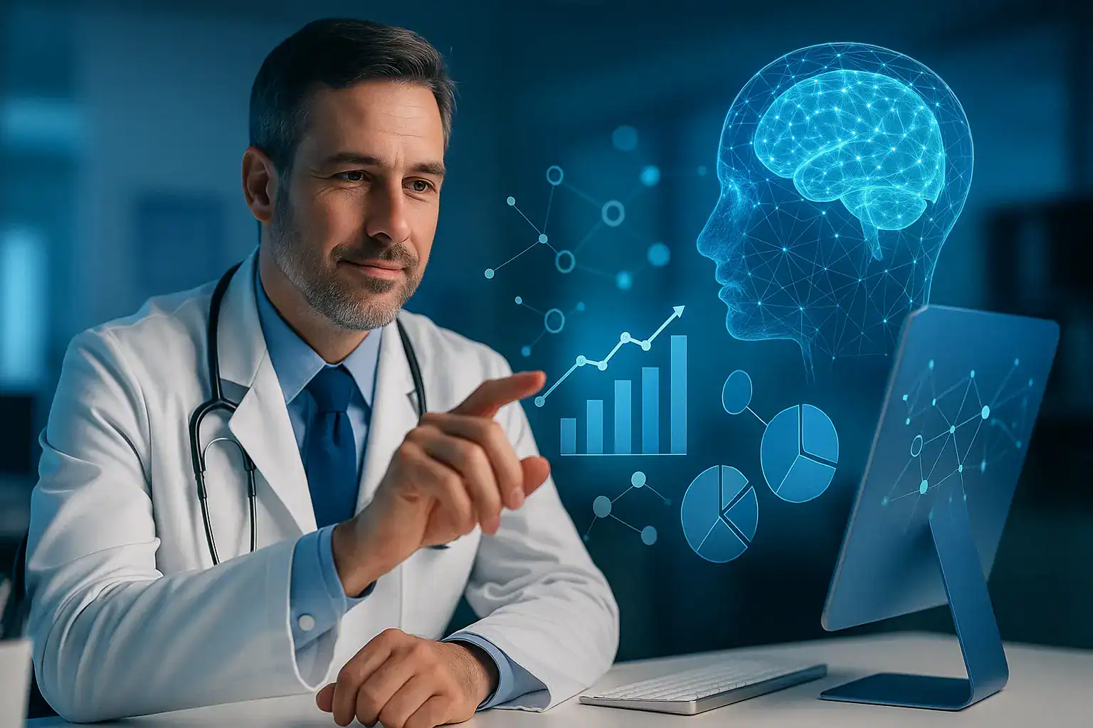 AI-assisted healthcare professional analyzing digital data and brain activity visualization for healthcare analytics and medical innovations.