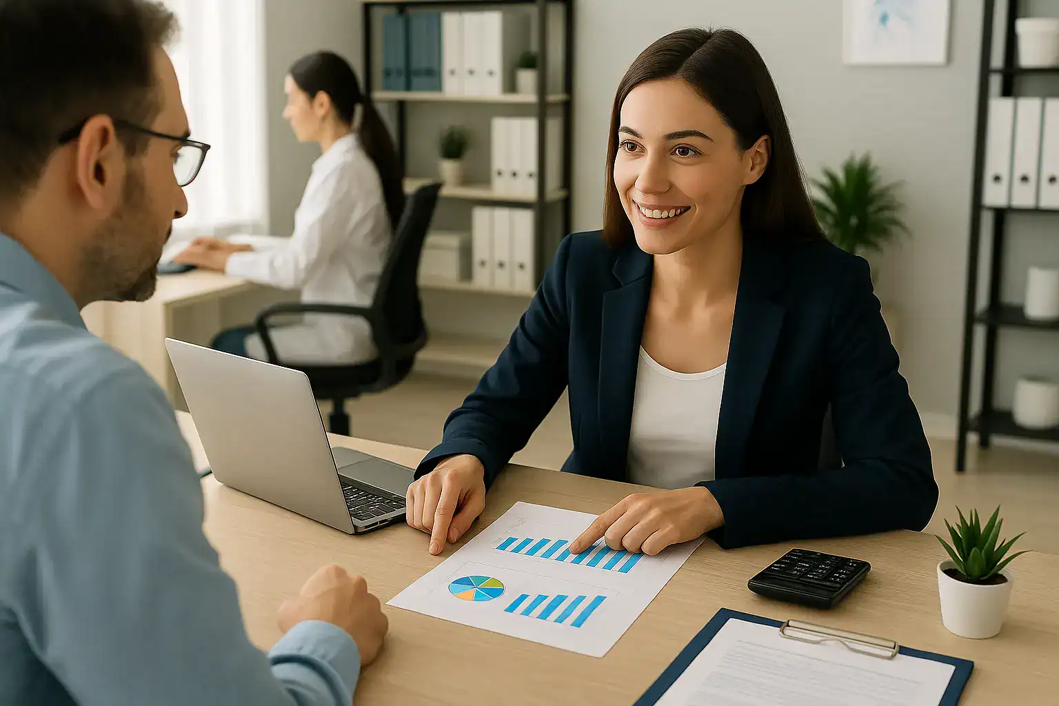 Professional financial consultant discussing billing solutions with client in office setting.